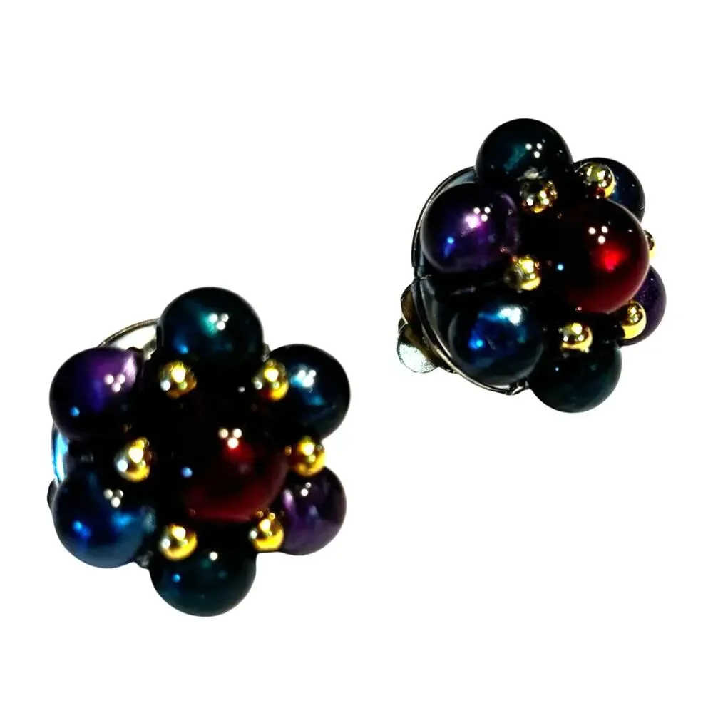 Vintage clip on earrings gem tones & gold beaded clusters mid century rounds